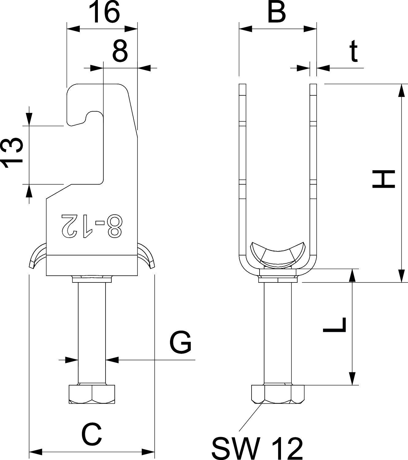 Technische Zeichnung eines Anschlussclips mit Maßen: Höhe 13, Breite 16. Beinhaltet Angaben zu Bauteilen wie 'G', 'C', 'B', 't', 'L'.