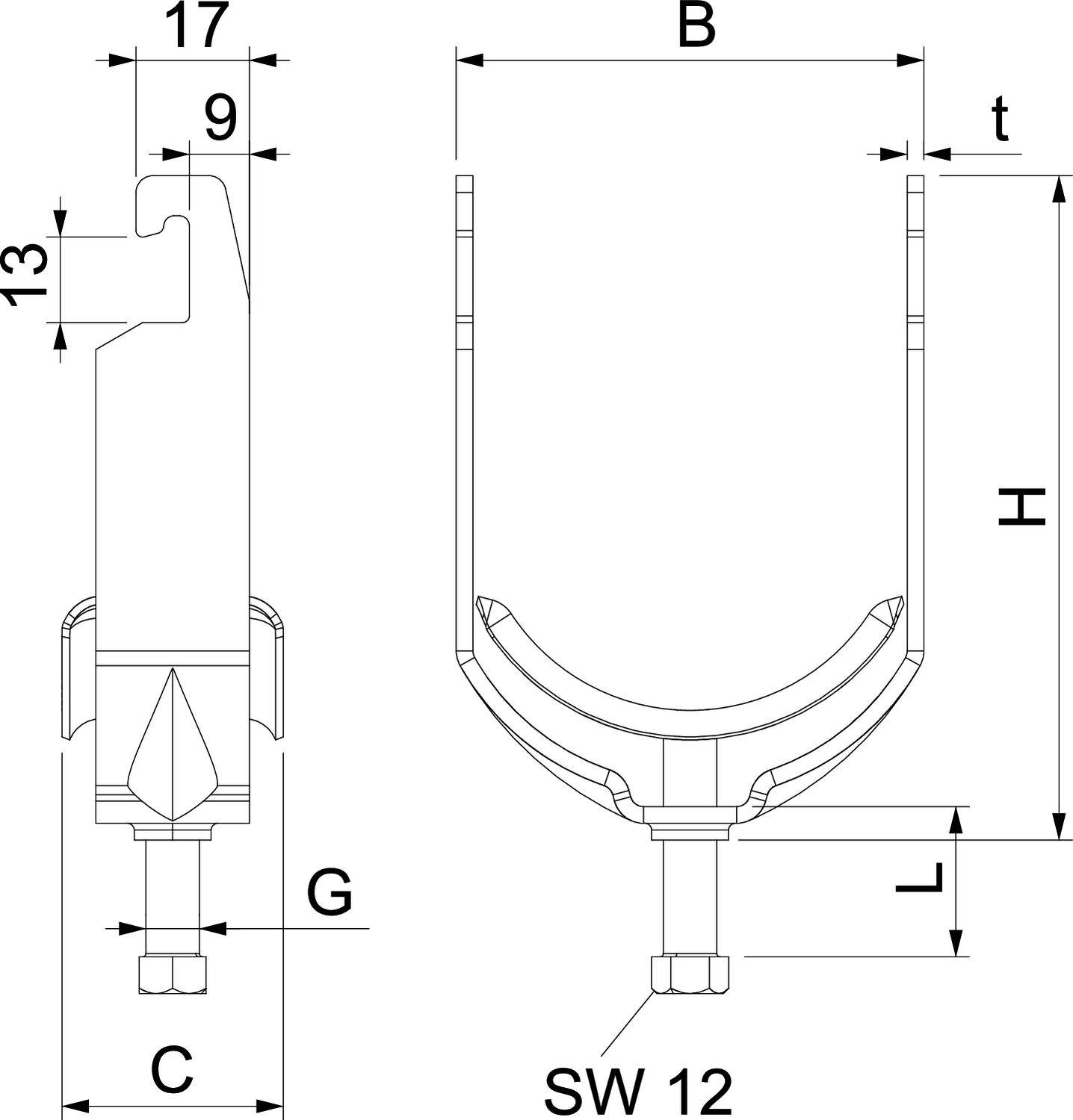 Technische Zeichnung eines Halters mit Maßen: B, t, H, C, L und G sind angegeben. Der Halter hat eine SW 12 Befestigungsschraube.