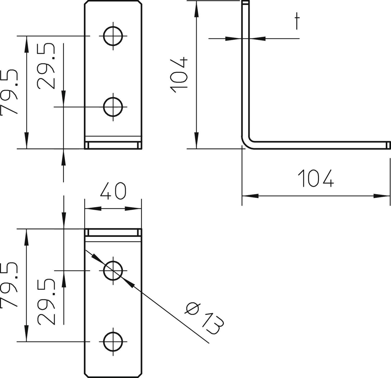 Technische Zeichnung eines Metallwinkels mit Bemaßungen: 79,5 mm hoch, 40 mm breit, 104 mm lang. Bohrungen: Durchmesser 13 mm.