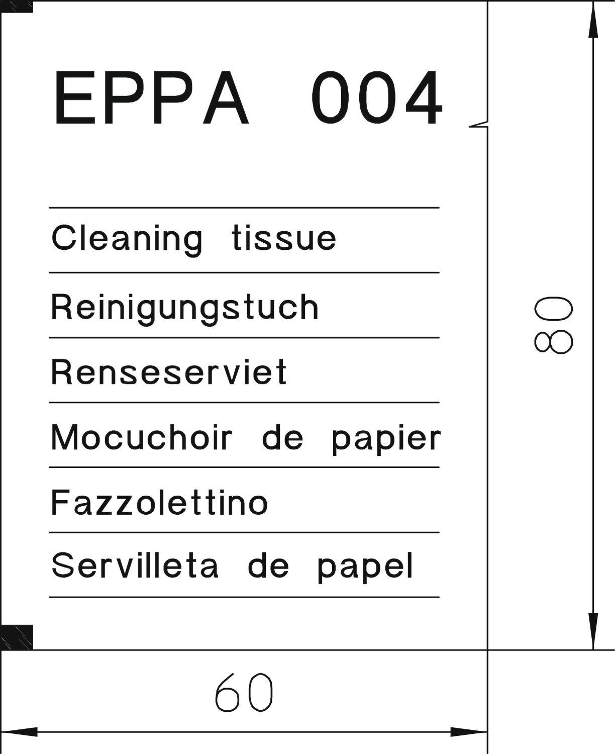 Die Zeichnung zeigt ein Etikett einer Verpackung mit der Aufschrift 'Reinigungstuch' in mehreren Sprachen und den Maßen 60 x 80.