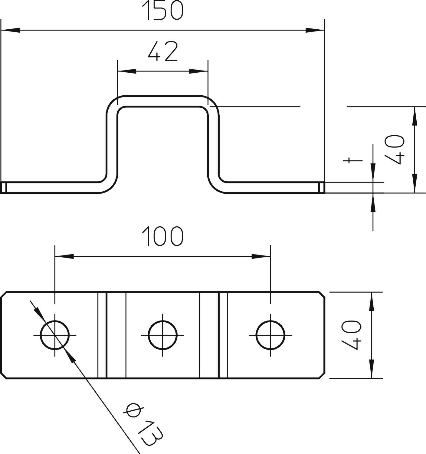 Technische Zeichnung eines Metallwinkels mit Biegungen. Maße: 150x40x100 mm, Bohrlöcher Ø13 mm. Draufsicht und Seitenansicht.