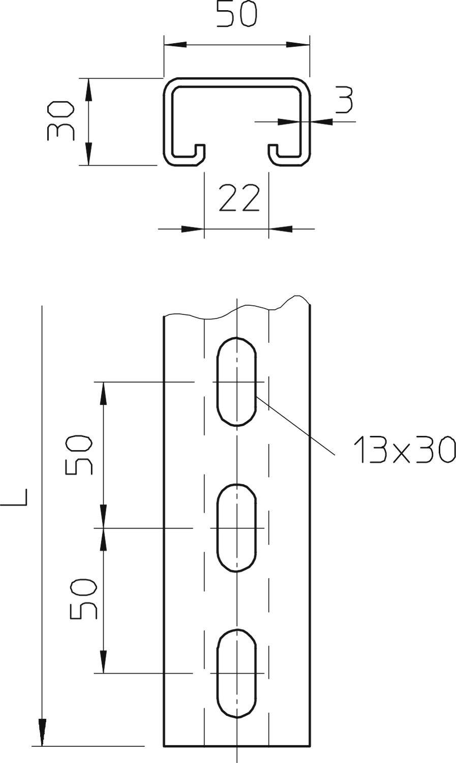 'Technische Zeichnung eines Metallprofils mit U-Form, 50 mm breit, 30 mm hoch, und 3 mm dick. Löcher: 13x30 mm im Abstand von 50 mm.'