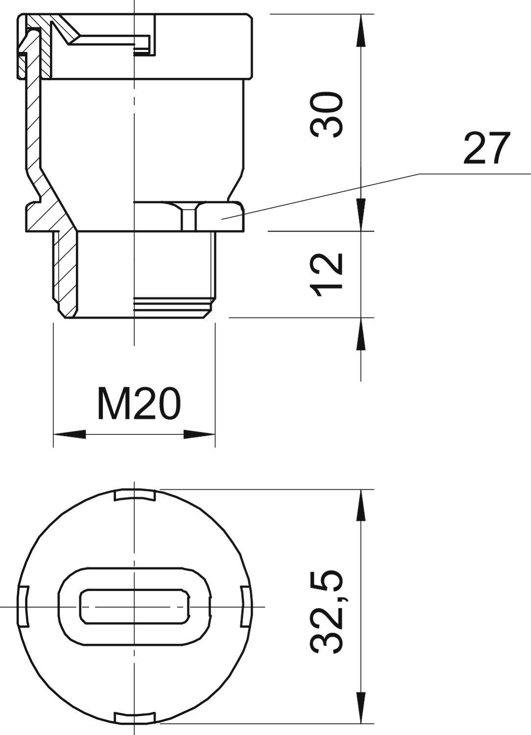 Querschnitt eines Bauteils mit Maßen: Höhe 30 mm, Breite 27 mm, Durchmesser 32,5 mm, Gewinde M20. Oben und Seitenansicht gezeigt.