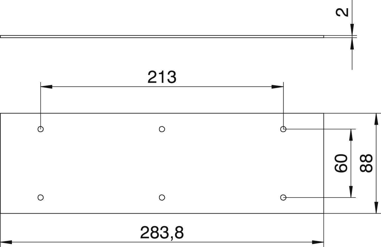 Technische Zeichnung eines rechteckigen Metallblechs mit Maßen: Gesamtlänge 283,8 mm, Breite 88 mm, und spezifische Bohrlochabstände.