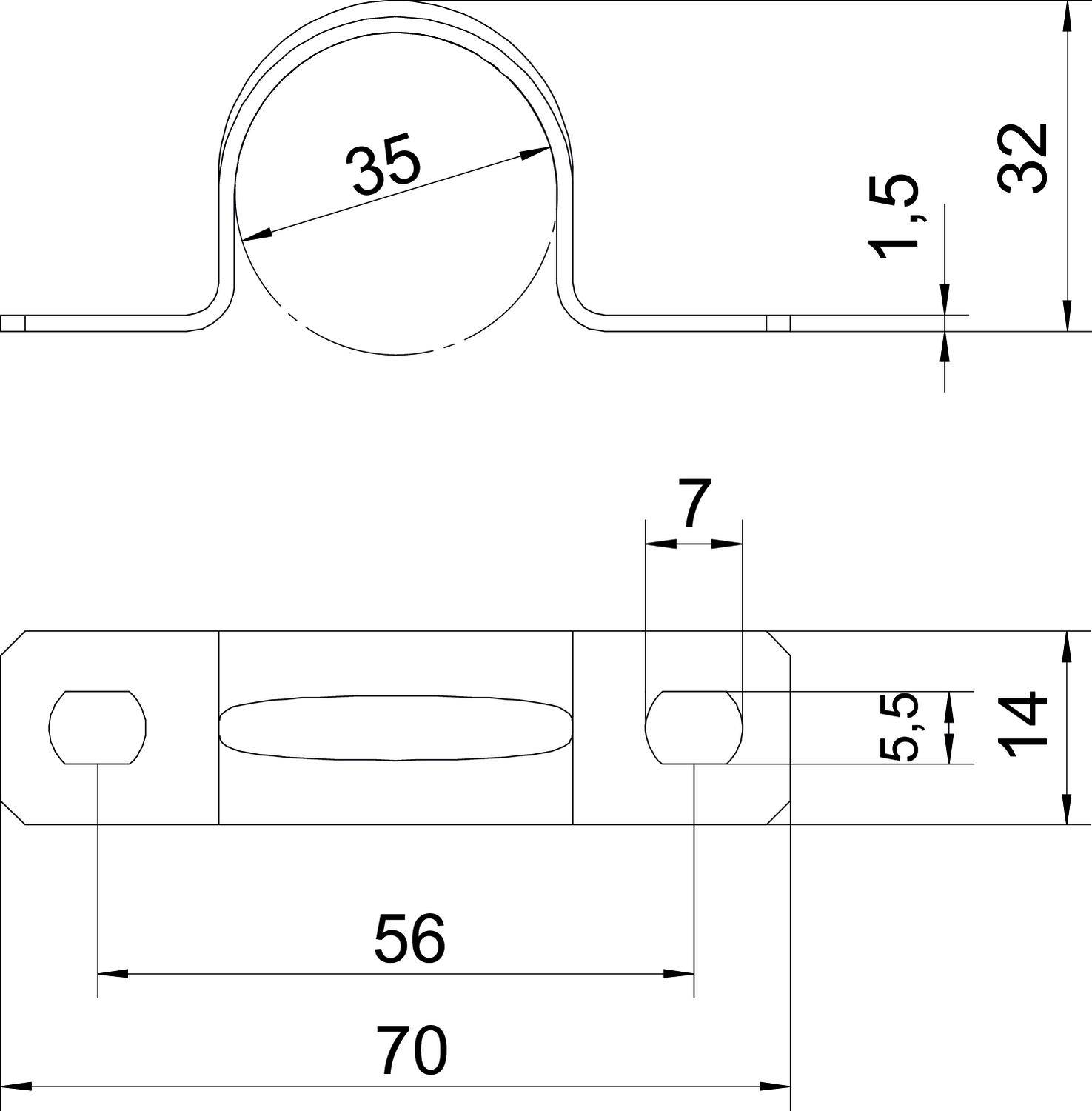 Technische Zeichnung einer Metallhalterung mit Maßen: Höhe 32 mm, Durchmesser 35 mm, Breite 70 mm. Lochabstand 56 mm.
