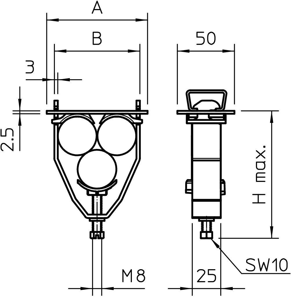 Technische Zeichnung eines Befestigungselements. Maße: A=50, B=30, M8-Schraube, SW10 Mutter, Höhe=30, Breite=25. Front- und Seitenansicht.