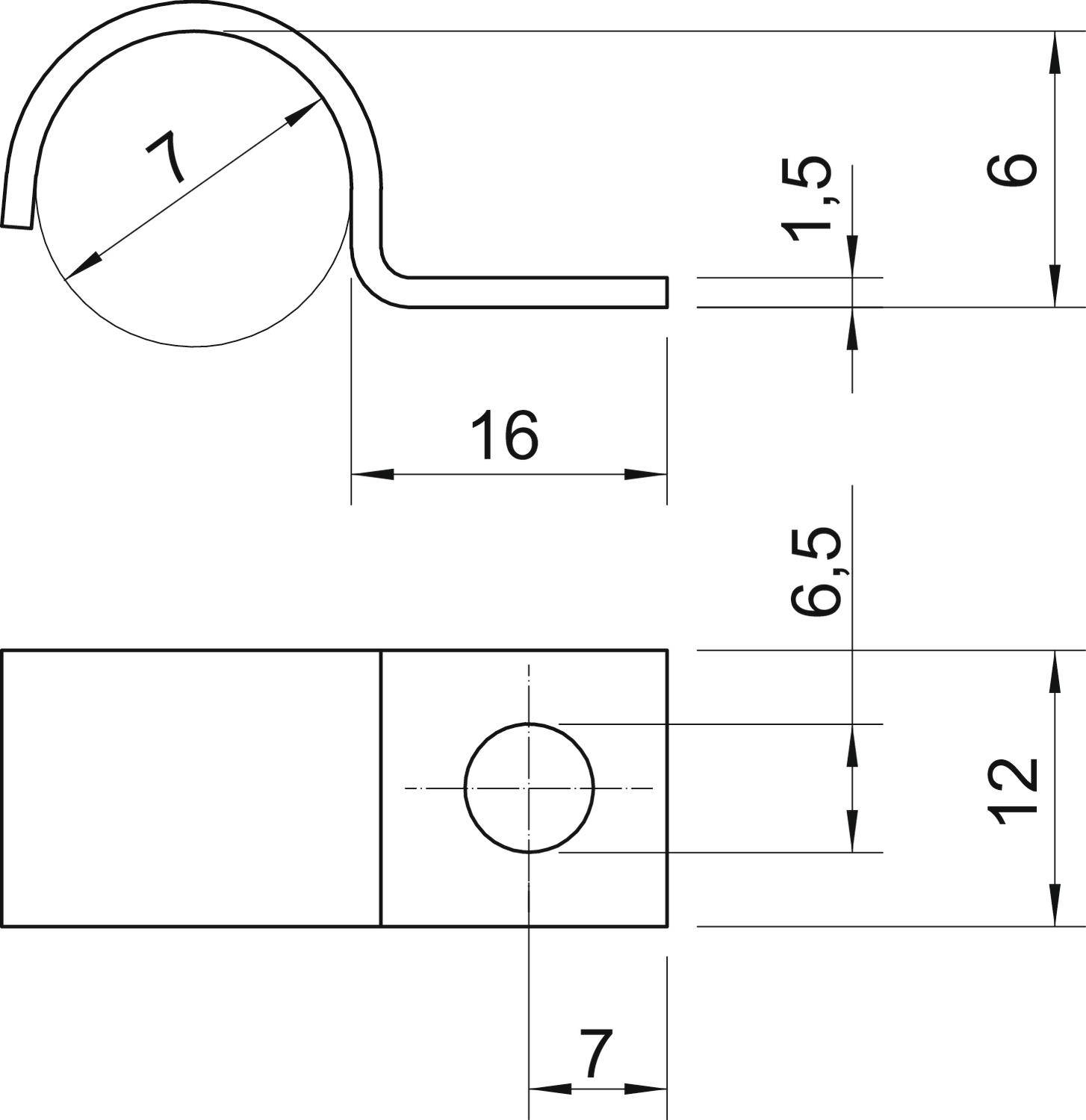 Technische Zeichnung eines Metallklammern-Stücks mit Bemaßungen: 16 mm Länge, 12 mm Breite, 1,5 mm und 6 mm Bauteilhöhe.