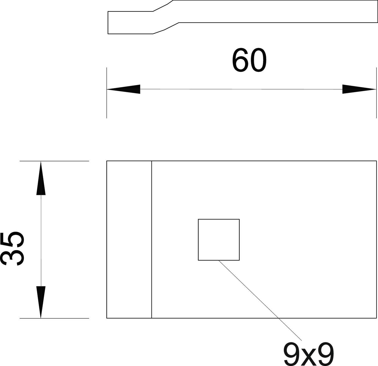 Technische Zeichnung eines rechteckigen Objekts, 60 Einheiten lang und 35 hoch, mit einem zentrierten Quadrat von 9x9 Einheiten.