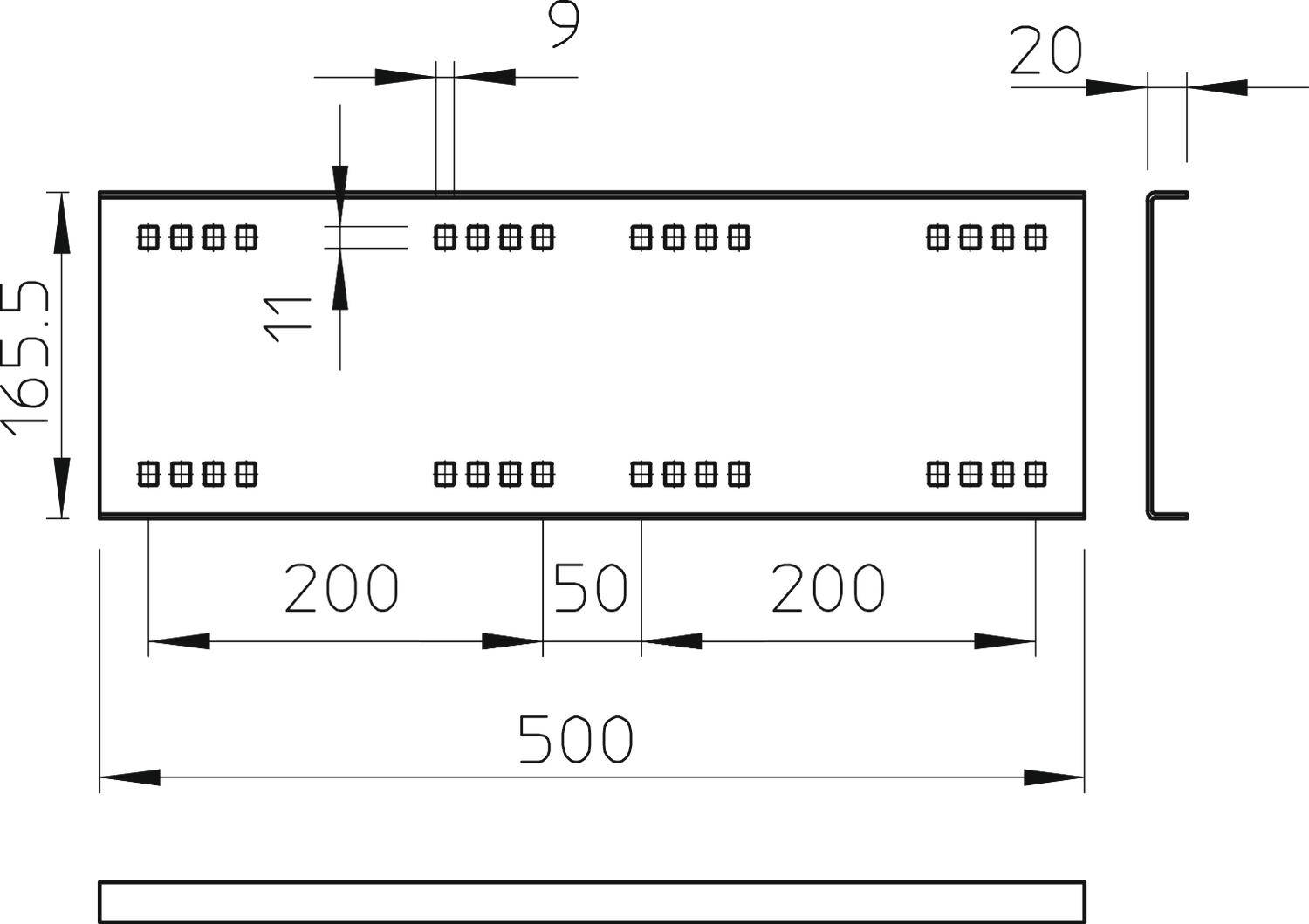 Technische Zeichnung eines rechteckigen Bauteils, 500 mm lang, 165,5 mm hoch, mit Bohrlöchern und Abständen von 200 mm, 50 mm.