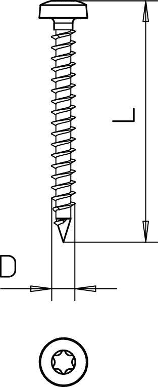 Technische Zeichnung einer Schraube mit Maßangaben. Schraube hat spiralförmiges Gewinde und Torx-Profil an der Basis.