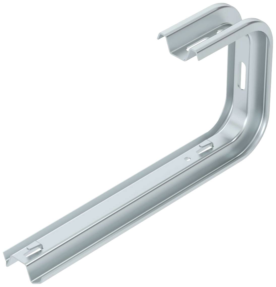 Ein stählerner Halter in L-Form mit einer gebogenen oberen Klammer, vermutlich für die Befestigung von Rohren oder Kabeln an einer Wand.