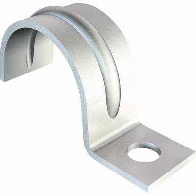 Metallische Rohrschelle mit gewölbtem Design und Befestigungsloch, zur Installation von Rohren an Wänden oder Decken geeignet.