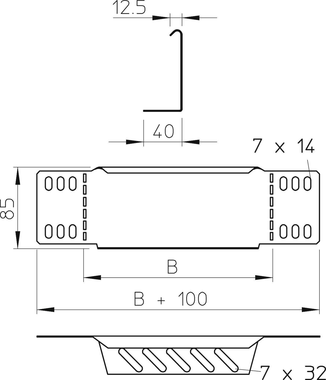 Technische Zeichnung eines Lüftungsgitters. Maße: 85 mm Höhe, 40 mm Breite. Detailansicht zeigt Profil und Befestigungspunkte.