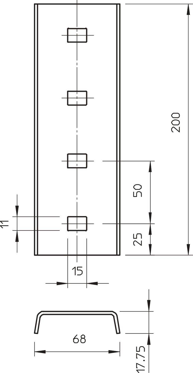 Technische Zeichnung eines Metallprofils mit Maßen in Millimetern: Höhe 200, Breite 68, Stärke 11, Löcher in der Mitte.