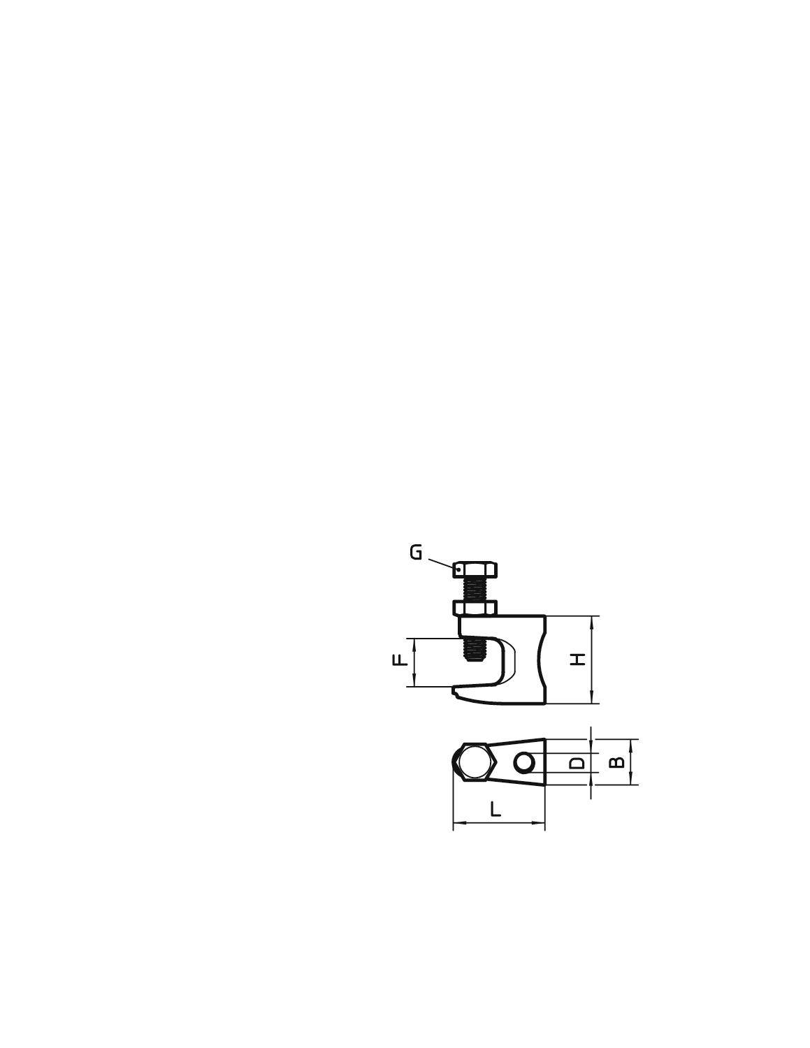 Technische Zeichnung einer Klemme, zeigt Maße und Formansicht. Markierungen: G, I, L, M, F. Verwendet in mechanischen Verbindungen.