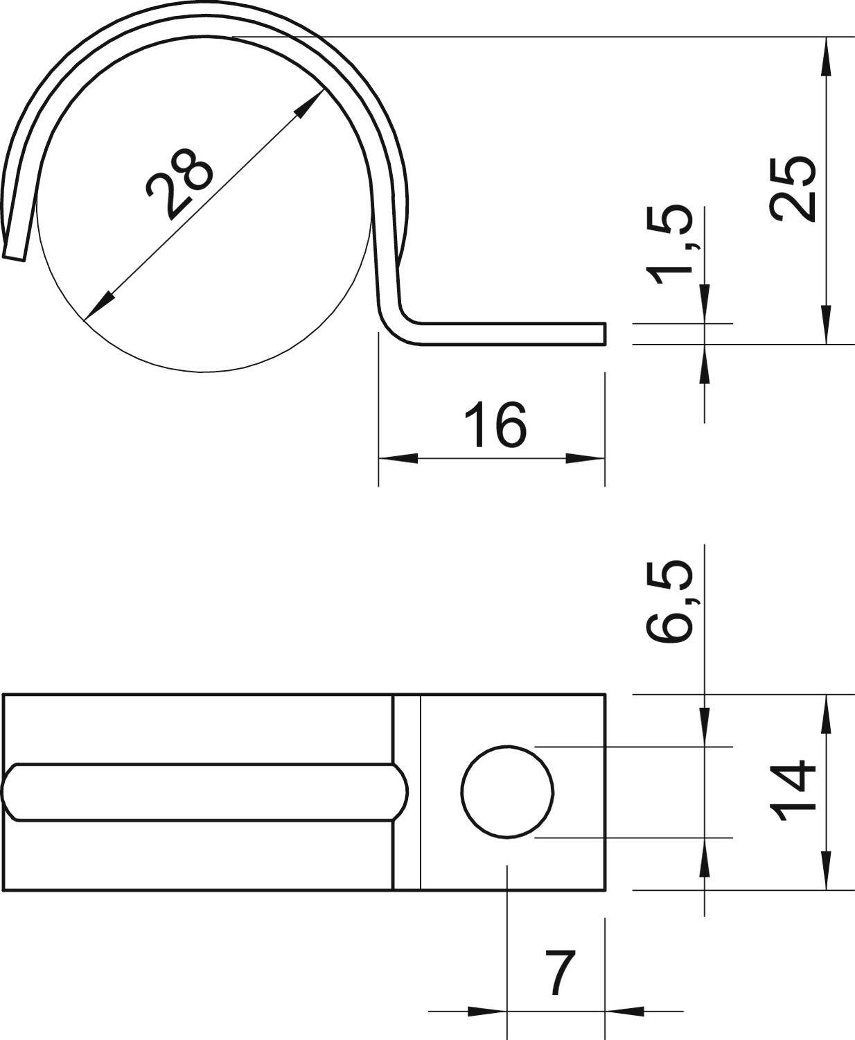 Zeichnung eines Metall-Clips mit Abmessungen: Durchmesser 28 mm, Höhe 25 mm, Breite 16 mm, Detailmaße 6,5 mm und 7 mm.