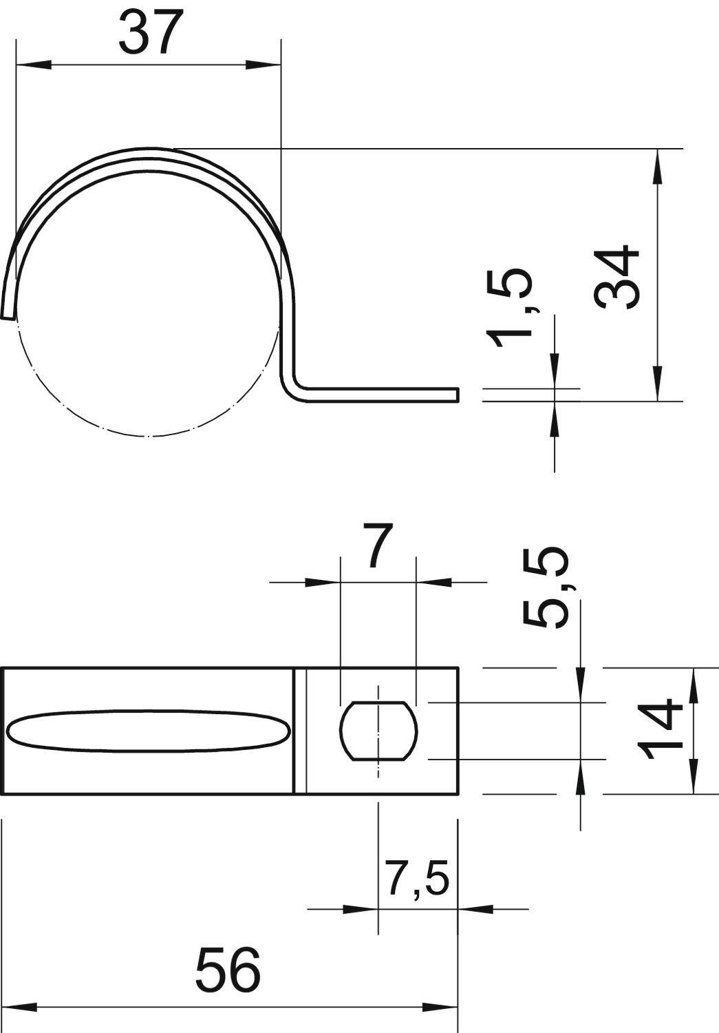 Technische Zeichnung einer Metallklammer mit Bemaßungen: 37 mm Breite, 34 mm Höhe, 56 mm Gesamtlänge. Zeigt Krümmung und Bohrlöcher.