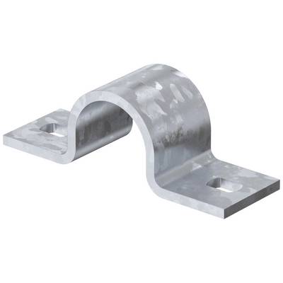 Metallhalterung mit zwei Befestigungslöchern, gebogen in U-Form. Verwendet für die Befestigung von Rohren oder Kabeln.