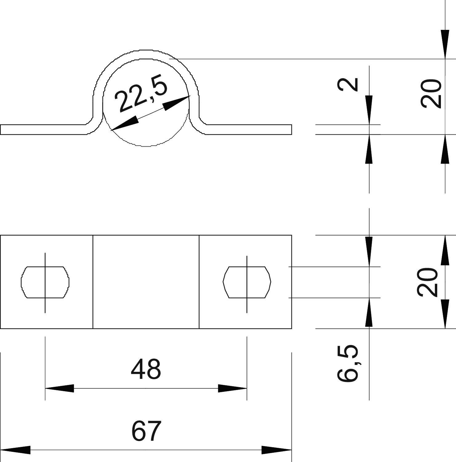 Technische Zeichnung einer Metallklemme mit Maßen: Rohrdurchmesser 22,5 mm, Gesamtlänge 67 mm, Lochabstand 48 mm, Höhe 6,5 mm.