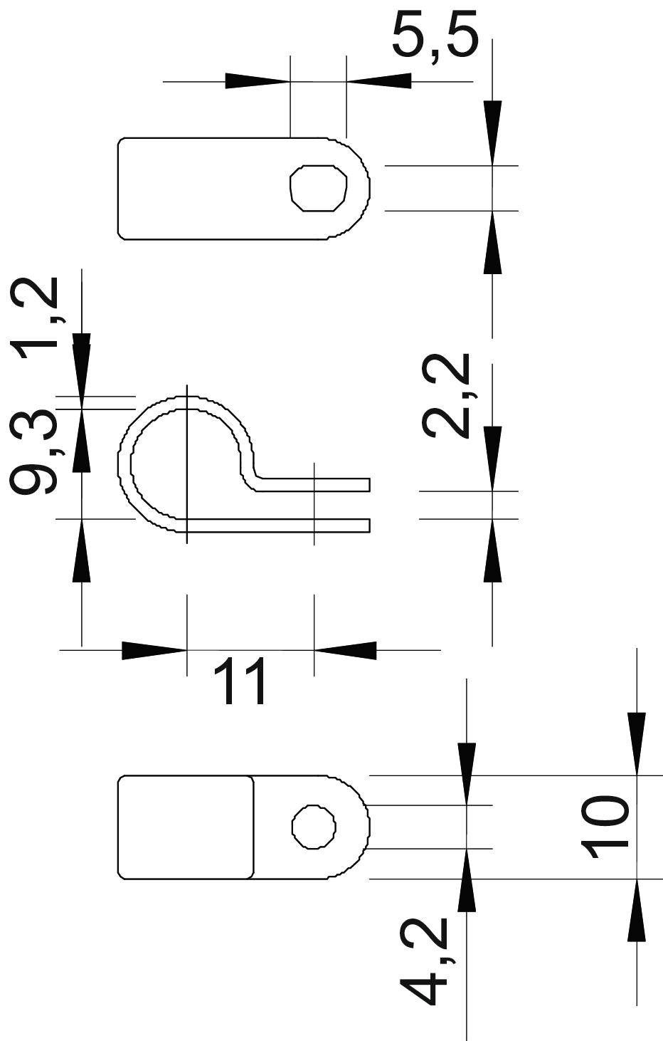 Technische Zeichnung eines Metallclips mit Maßen: 9,3 und 11 mm Länge, 1,2 mm Breite, und 5,5 mm Lochdurchmesser.