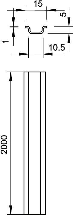 Technische Zeichnung: Profilansicht und Seitenansicht eines U-förmigen Metallprofils. Maße: Breite 15, Höhe 10,5, Länge 2000 mm.