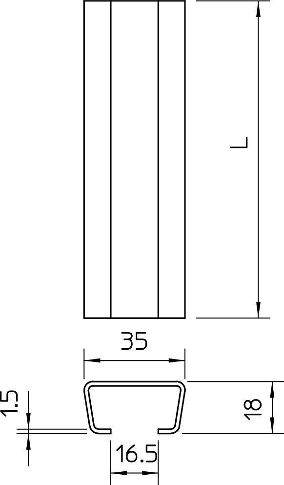 Technische Zeichnung eines U-Profils mit den Abmessungen: Höhe 18 mm, Breite 35 mm, Innenbreite 16,5 mm, Wandstärke 1,5 mm.