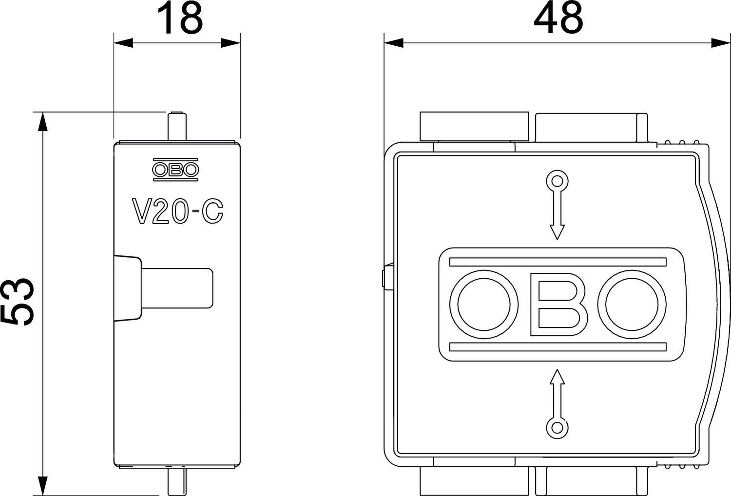 Elektroschaltplan zeigt einen Überspannungsschutz, Modell 'V20-C', mit Abmessungen 18x53x48 mm. Enthält Anschlüsse und Markenlogo.