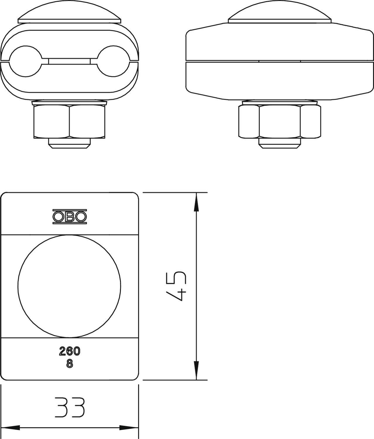 Technische Zeichnung eines elektrischen Bauteils mit drei Ansichten. Maße: 33 mm Breite, 45 mm Höhe. Front- und Seitenansicht.