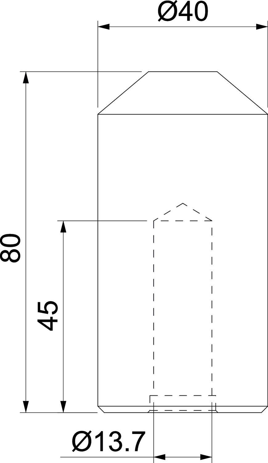 Technische Zeichnung eines zylindrischen Objekts mit konischer Spitze. Maße: Ø40 mm, Höhe 80 mm, mit innerem Durchmesser von Ø13,7 mm und einem Sektionsabschnitt von 45 mm.