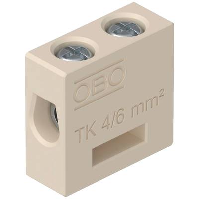 Elektrische Klemme aus beigem Kunststoff mit zwei Schraubanschlüssen. Beschriftet mit 'OBO' und 'TK 4/6 mm²'.