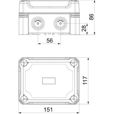 Technische Zeichnung eines rechteckigen Gehäuses mit Abmessungen: Oben 151 mm x 117 mm, Seite 86 mm hoch. Frontansicht zeigt zwei kreisförmige Öffnungen.