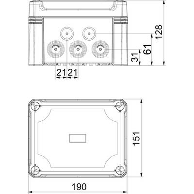Technische Zeichnung eines rechteckigen Gehäuses mit Maßen: 212 x 128 x 61 mm von vorne, 190 x 151 mm von oben.