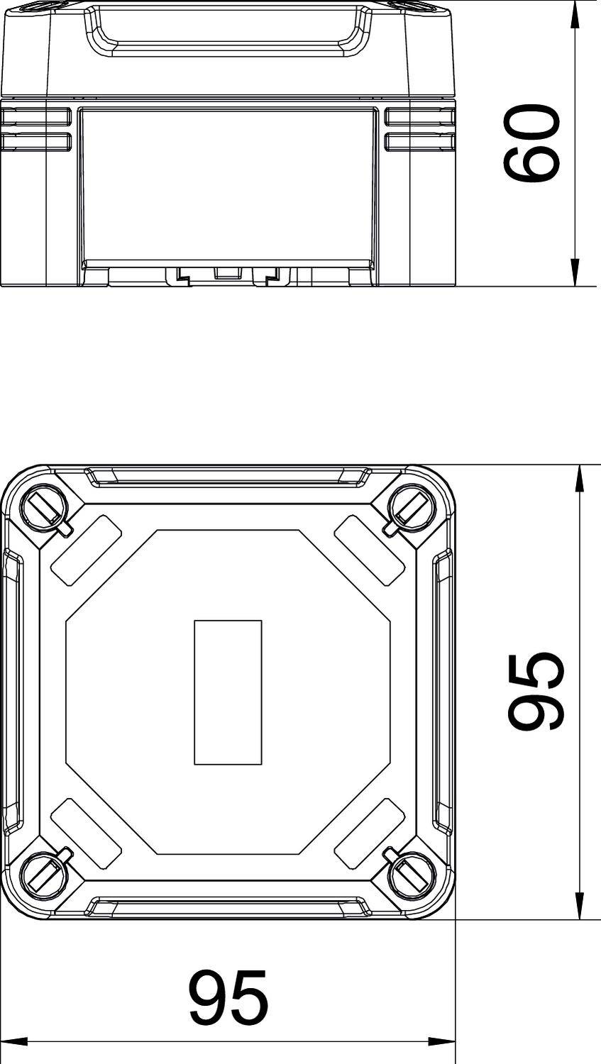 Produktzeichnung eines quadratischen Gerätes mit 95 mm Seitenlänge und 60 mm Höhe, Vorder- und Draufsicht gezeigt.