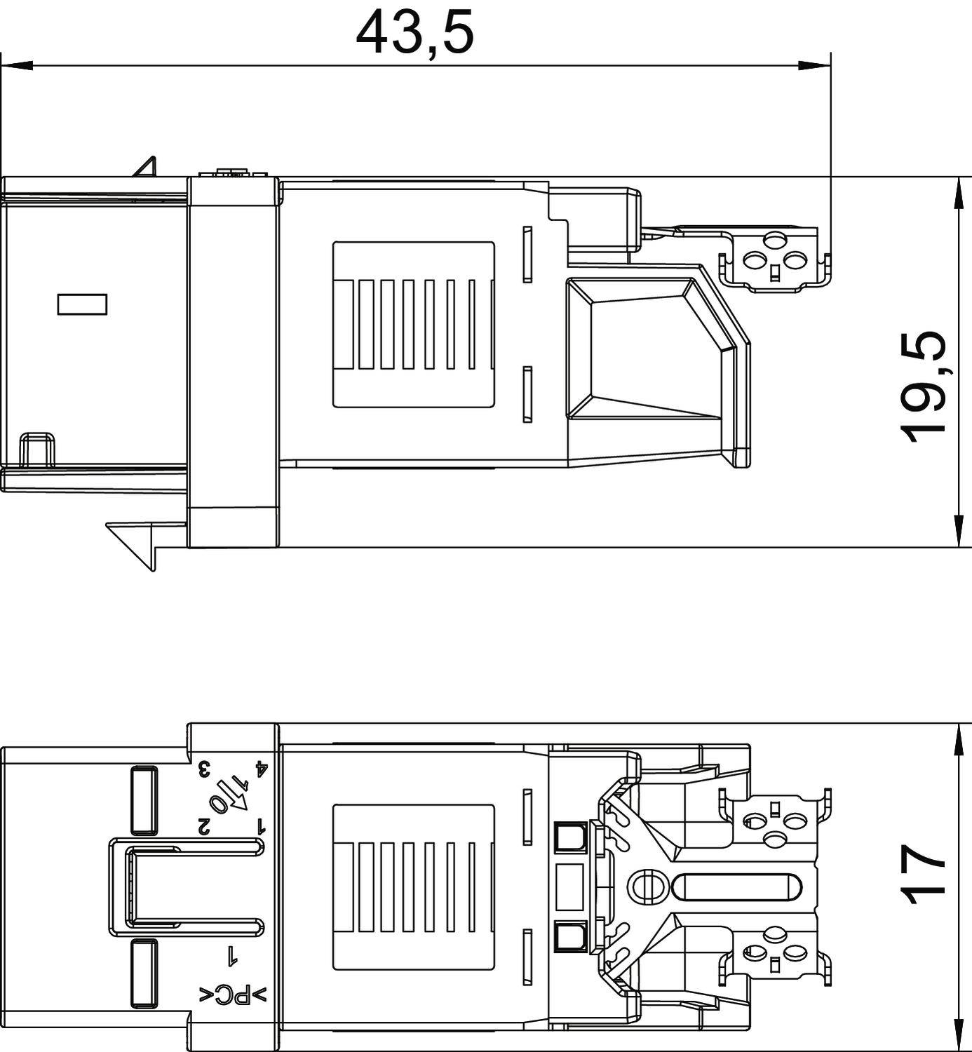 Technische Zeichnung eines rechteckigen Bauteils mit Maßen: Breite 43,5 mm, Höhe 19,5 mm, Tiefe 17 mm. Zeigt Draufsicht und Seitenansicht.