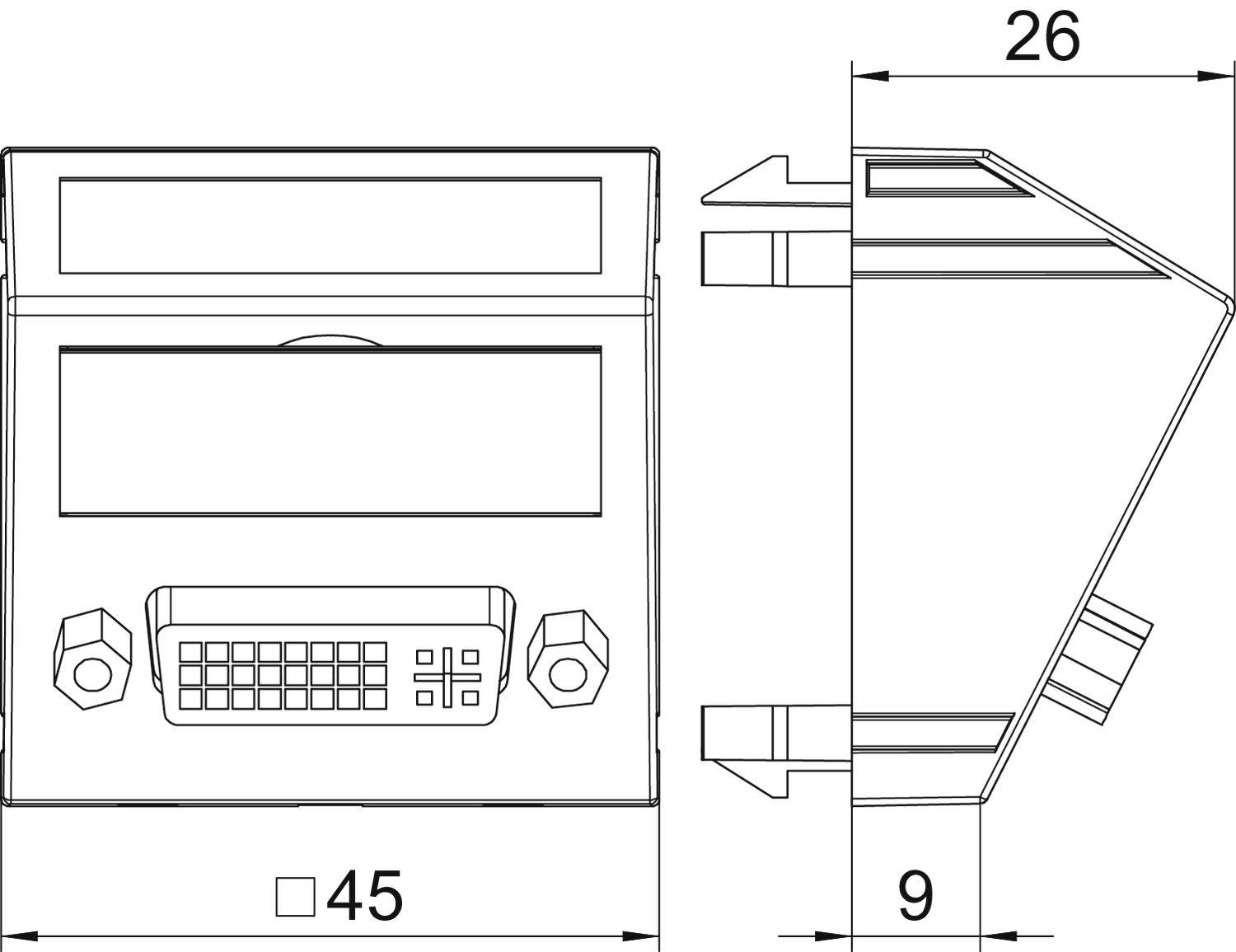 'Technische Zeichnung eines Geräts mit Tastatur. Frontansicht zeigt zwei Knöpfe, Seitenansicht mit Maßen: Breite 45, Tiefe 9, Höhe 26.'