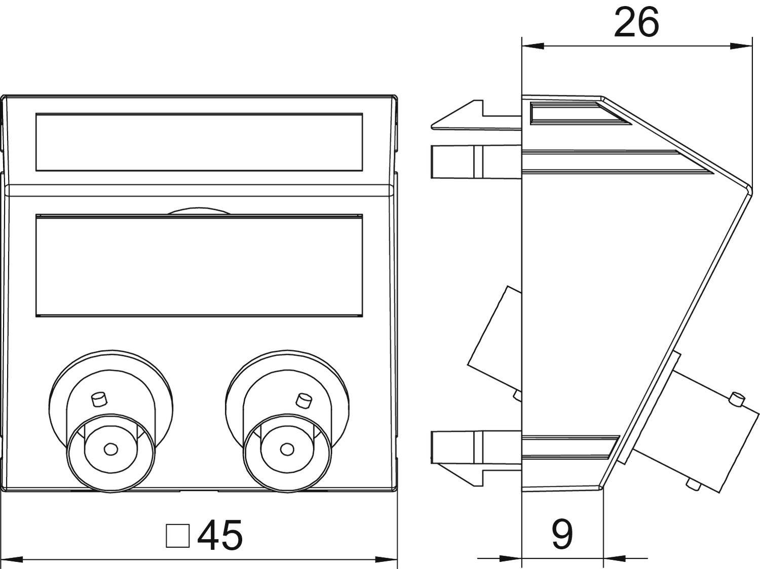 Technische Zeichnung eines elektronischen Geräts mit Maßeinheiten 45 und 26. Zeigt Vorder- und Seitenansicht mit Drehknöpfen.