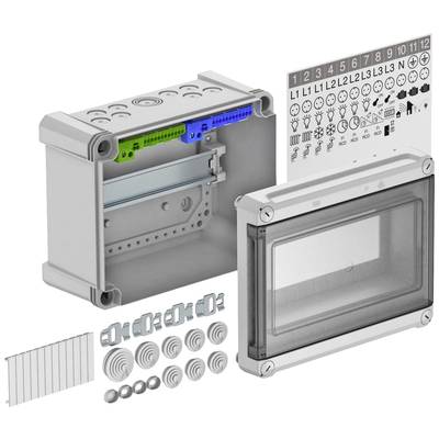 Elektronikgehäuse mit transparentem Deckel, verschiedenen Dichtungen, Montagezubehör und Etikettenbogen für elektrische Anschlüsse.
