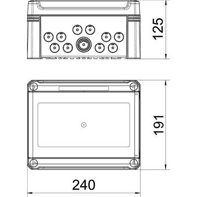 Diagramm eines rechteckigen Gehäuses mit neun Anschlüssen oben und Abmessungen: 240 mm Breite, 191 mm Höhe und 125 mm Tiefe.
