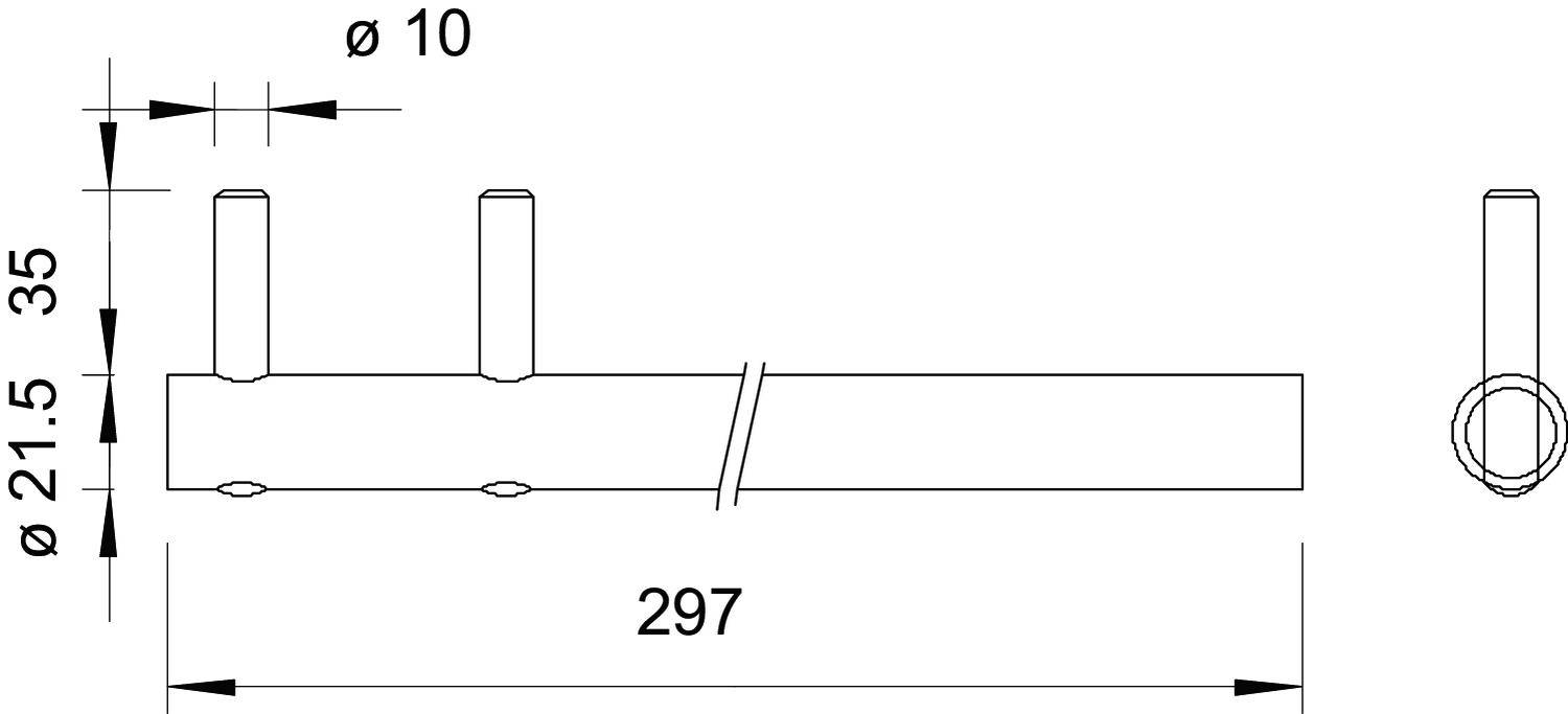 Technische Zeichnung eines zylindrischen Metallteils mit drei Bohrungen. Maße: Gesamtlänge 297 mm, Durchmesser 21,5 mm, Bohrung 10 mm.