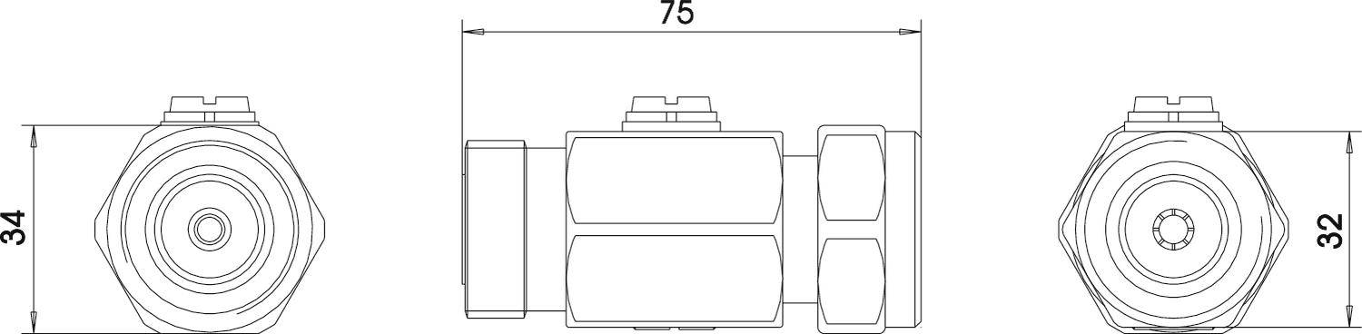 Technische Zeichnung eines zylindrischen Objekts mit den Maßen: Länge 75 mm, Breite 34 mm, Höhe 32 mm. Draufsicht und Seitenansicht dargestellt.