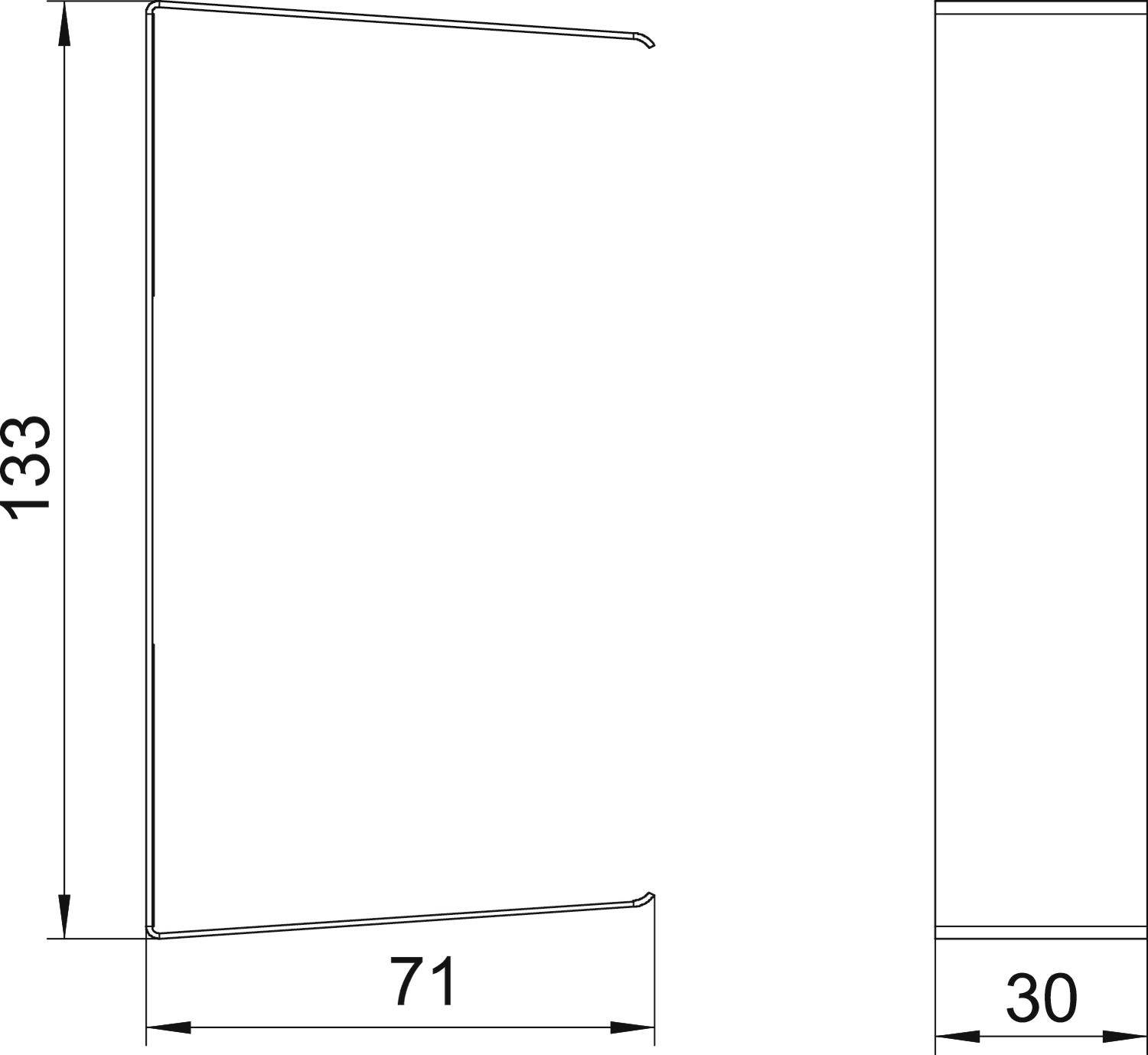 Zeichnung eines Profils mit Maßen: Höhe 133 mm, Breite 71 mm und Tiefe 30 mm. Zeigt Querschnitt und vollständige seitliche Ansicht.