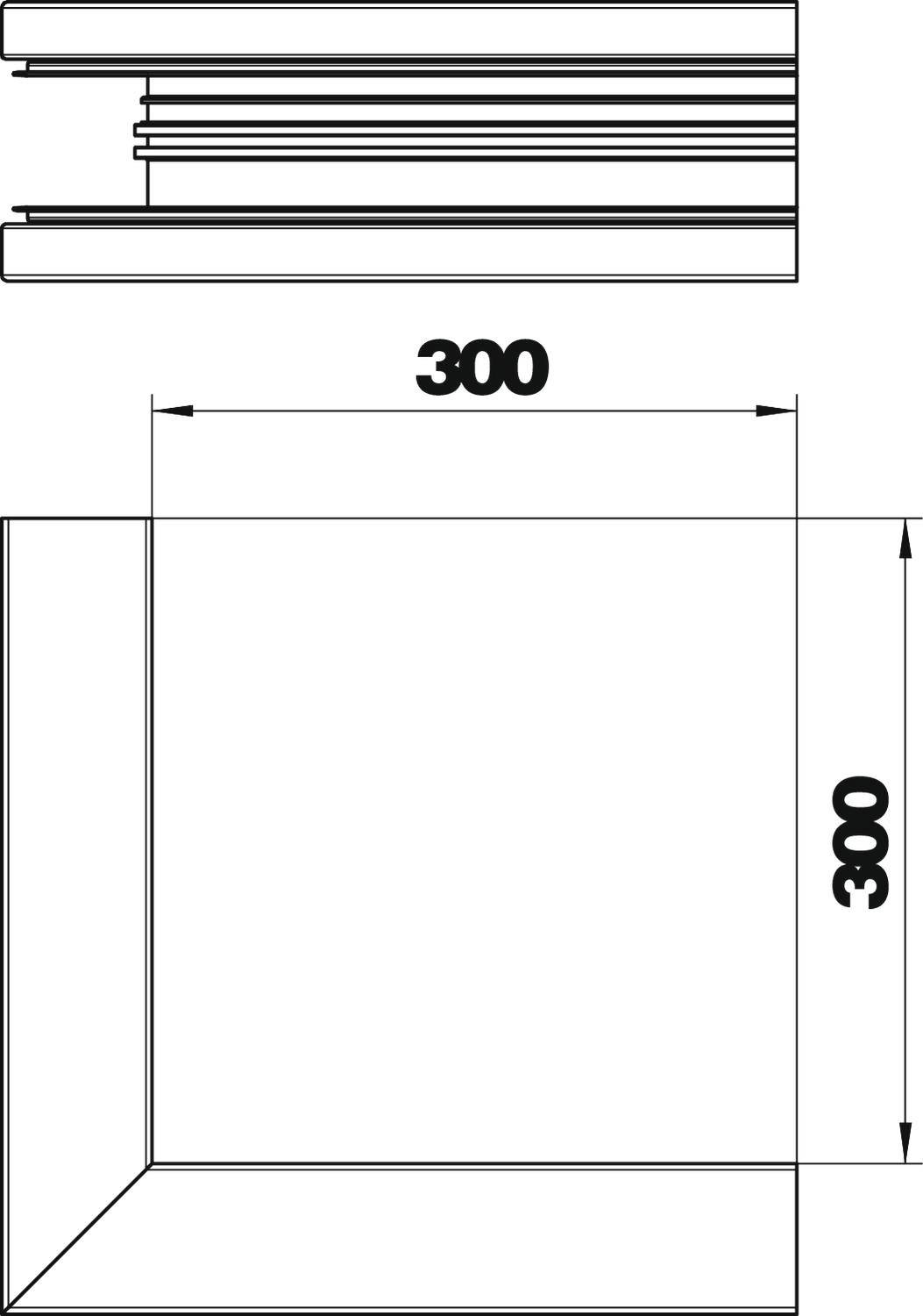 Technische Zeichnung eines quadratischen Objekts mit Seitenlängen von 300 mm. Draufsicht und Querschnitt rechts dargestellt.