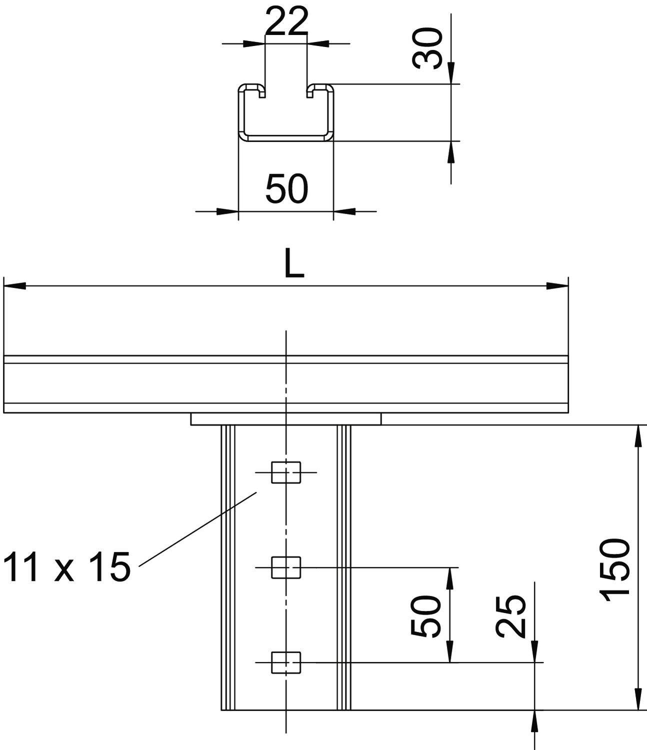 Technische Zeichnung eines Stahlprofils mit Maßen: Breite 50 mm, Höhe 30 mm, Länge L. Detailansicht mit Schraubenlöchern 11 x 15 mm.