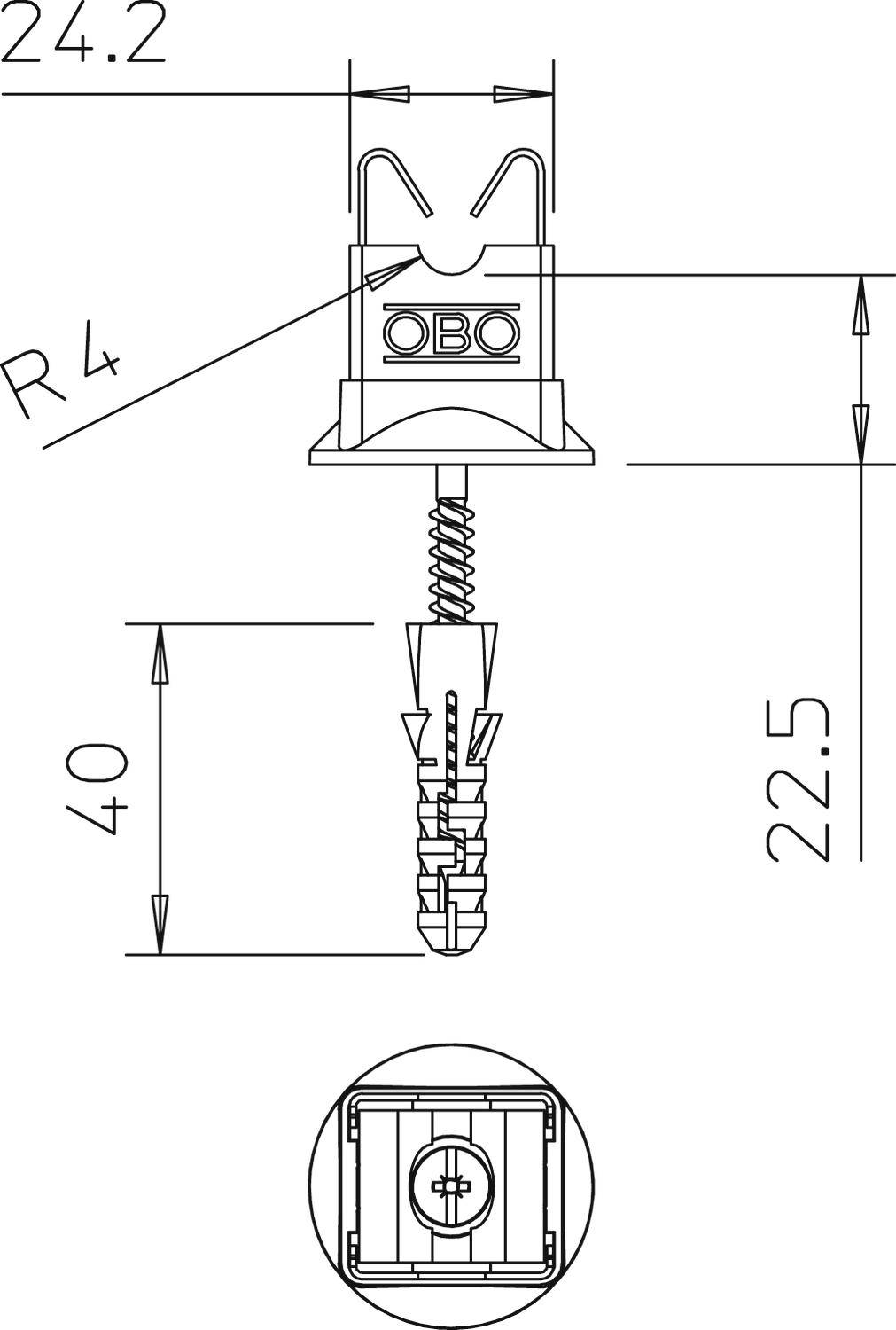Technische Zeichnung eines Kabelhalters mit Maßen: Breite 24,2 mm, Höhe 22,5 mm. Inklusive Details zu Bohrloch und Schrauben.