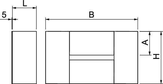 Technische Zeichnung eines rechteckigen Objekts mit den Maßen L, B, A, H und 5 angegeben. Seiten- und Frontalansicht dargestellt.