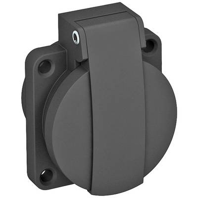 Eine schwarze Kunststoff-Wandhalterung mit abnehmbarer Abdeckung, verwendet für elektrische Steckverbindungen im Außenbereich.