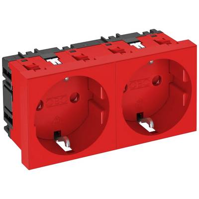 Rote Doppelsteckdose, geeignet für den Einsatz in elektrischen Installationen. Sie besitzt zwei runde Anschlüsse für Stecker.
