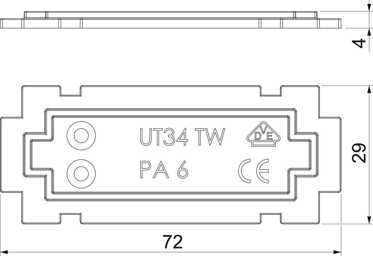 Technische Zeichnung eines elektrischen Bauteils mit den Maßen: Höhe 4 mm, Breite 72 mm, Tiefe 29 mm. Markierungen: 'UT34 TW', 'PA 6', mit CE- und VDE-Zeichen.