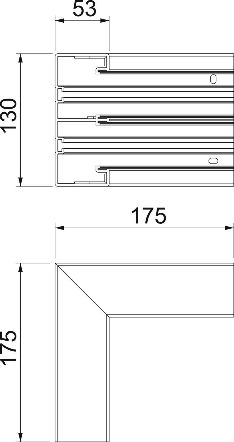 Technische Zeichnung einer Rahmenecke und Schnittansicht. Maße: oben 53 x 130 mm, unten 175 x 175 mm. Details der Konstruktion gezeigt.