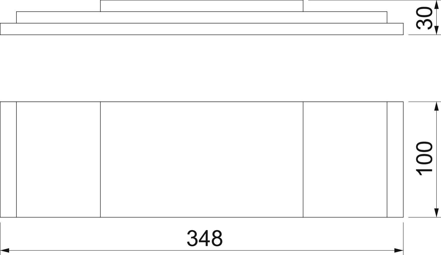 Technische Zeichnung eines rechteckigen Objekts mit den Maßen 348 breite, 100 höhe und 30 tiefe in Millimetern.